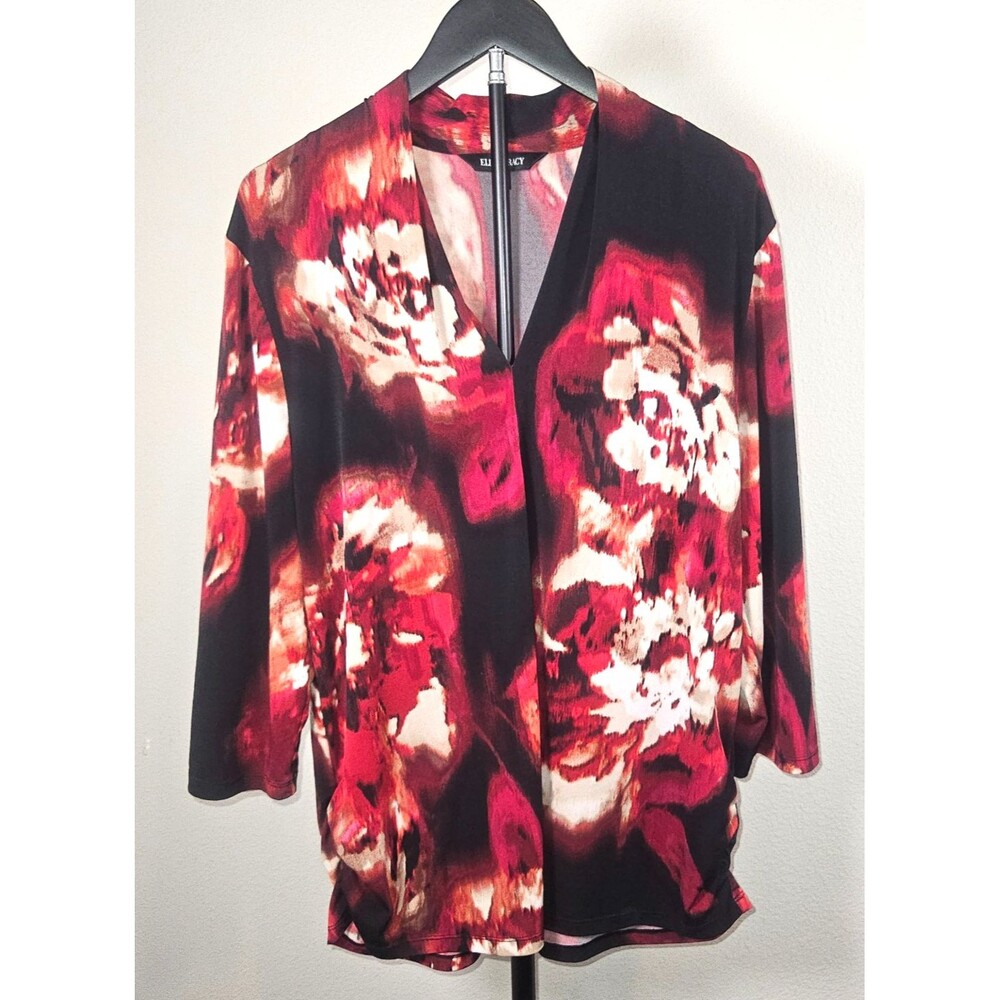 Ellen Tracy Womens XL Floral Blouse Red Black Open Front Career Stretch‎ Top